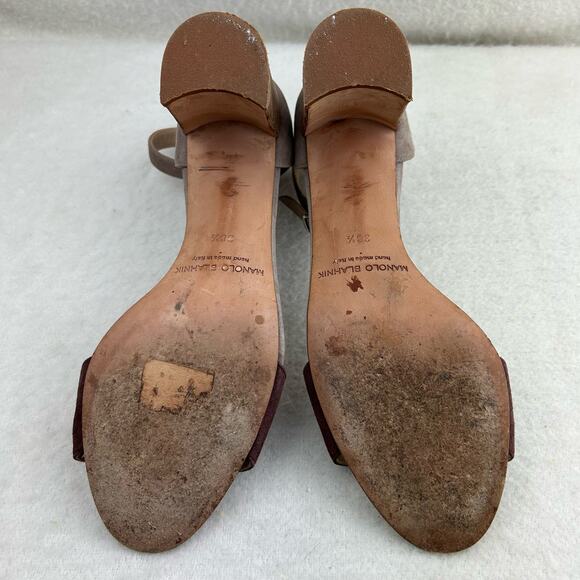 Authentic Manolo Blahnik Brown Gray Suede Strappy Sandal Block Heel 38.5 (US 8) - Picture 11 of 16